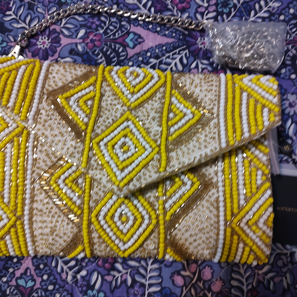 America & Beyond Yellow and Gold Beaded Clutch